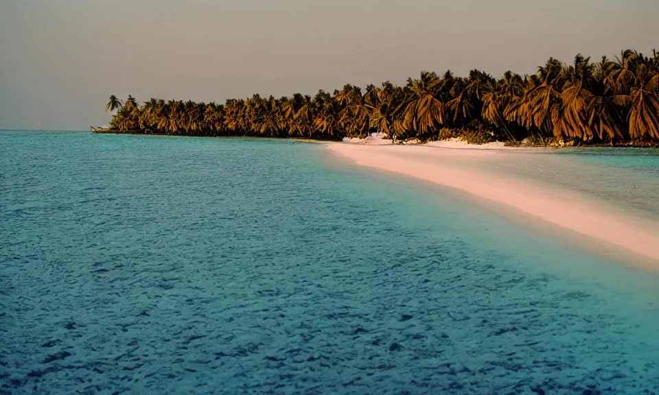 Image similar to 35mm film still, morning light over an island in the maldives, color palette of gold