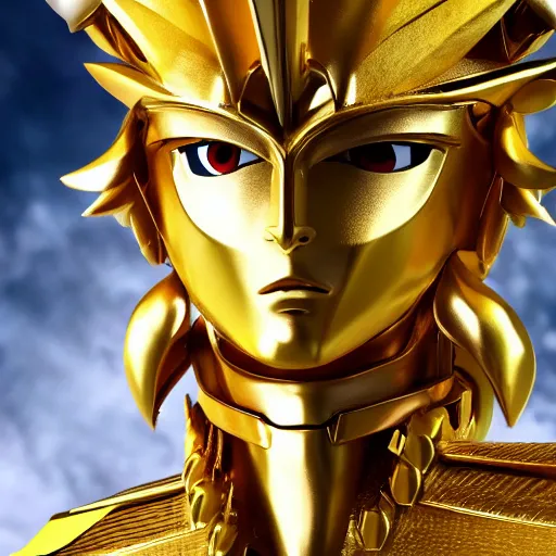 Prompt: a menacing, medium close - up, studio photographic portrait of the gold saint of capricorn from saint seiya : knights of the zodiac, wearing gold armor, in the background is the old temple of athena, photoshopped, octane render, hyperrealistic, ultra detailed, symmetrical, 8 k