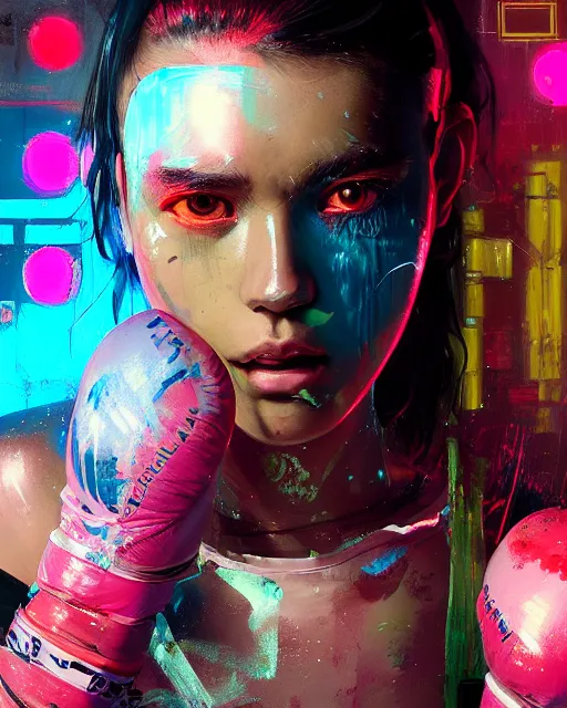 Image similar to detailed portrait Neon boxer Girl, cyberpunk futuristic neon, reflective crop top and shorts, boxing gloves, decorated with traditional Japanese ornaments by Ismail inceoglu dragan bibin hans thoma greg rutkowski Alexandros Pyromallis Nekro Rene Maritte Illustrated, Perfect face, fine details, realistic shaded, fine-face, pretty face