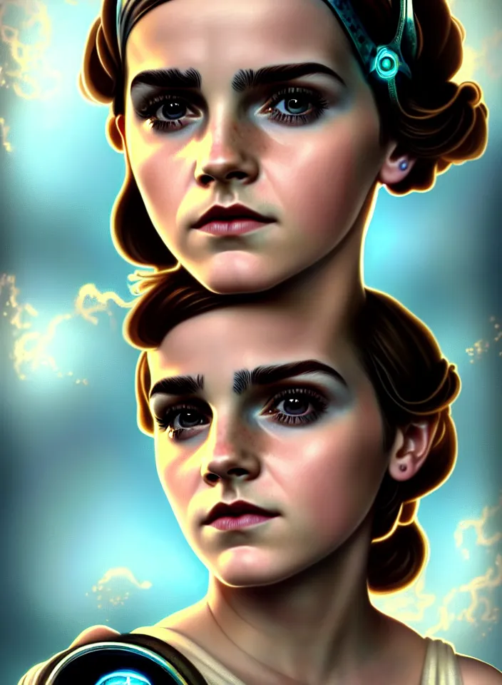 Image similar to symmetry!! face portrait of a young emma watson from bioshock, vintage dress, glowing headband!! underwater atmosphere, intricate, serene, highly detailed, digital painting, artstation, symmetric concept art, smooth, sharp focus, illustration, art by artgerm and greg rutkowski and alphonse mucha, 8 k