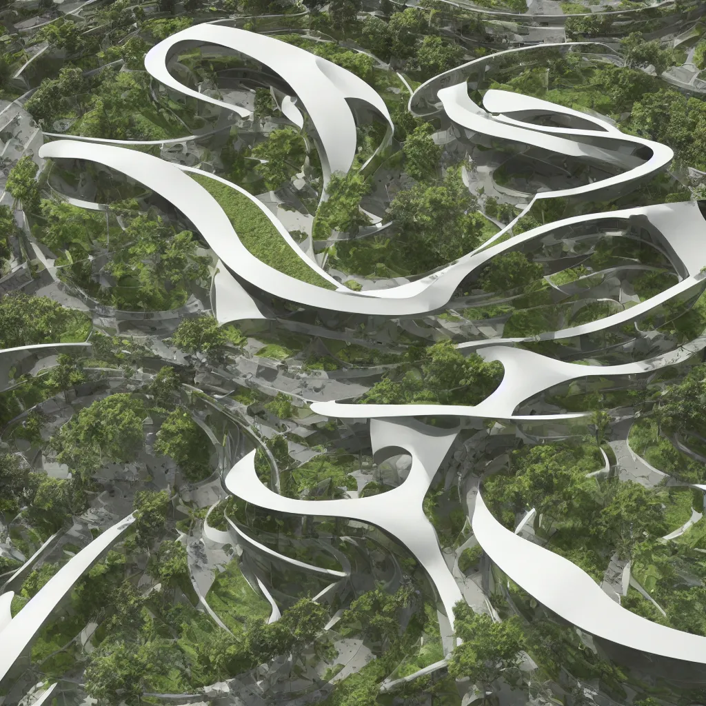 Prompt: “ an incredibly smooth curvilinear architectural sculpture, unfolding continuous golden surfaces enclose a visually interesting garden designed by zaha hadid, architecture render, axonometric ”