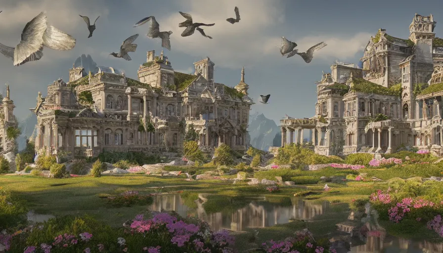 Image similar to marble manor with columns built in flowery mountains with birds in the sky, giant castle in the mountain in the background, hyperdetailed, artstation, cgsociety, 8 k