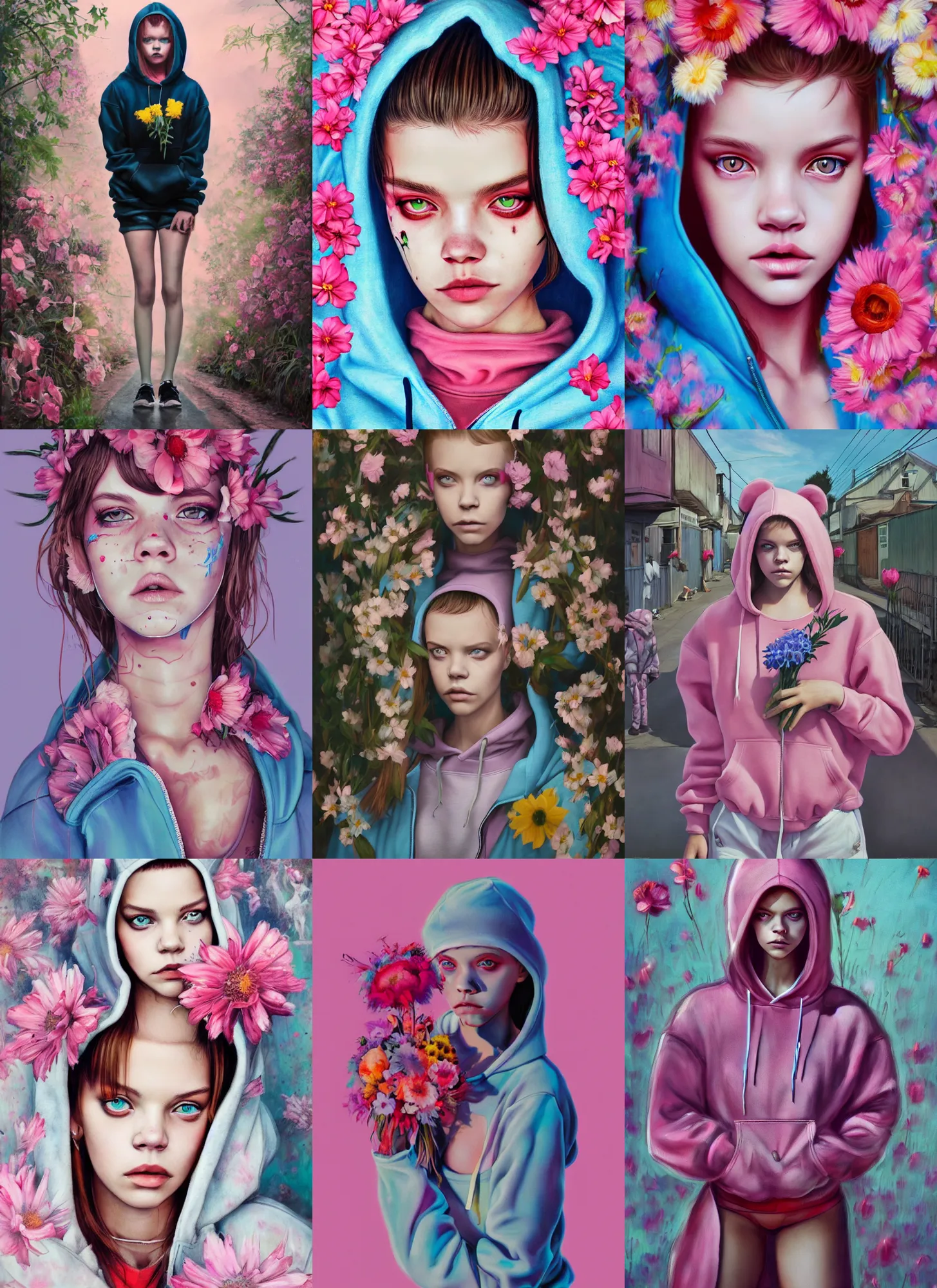 Image similar to still from music video of barbara palvin from die antwoord standing in a township street, wearing a hoodie and flowers, street clothes, full figure portrait painting by martine johanna, ilya kuvshinov, rossdraws, pastel color palette, 2 4 mm lens