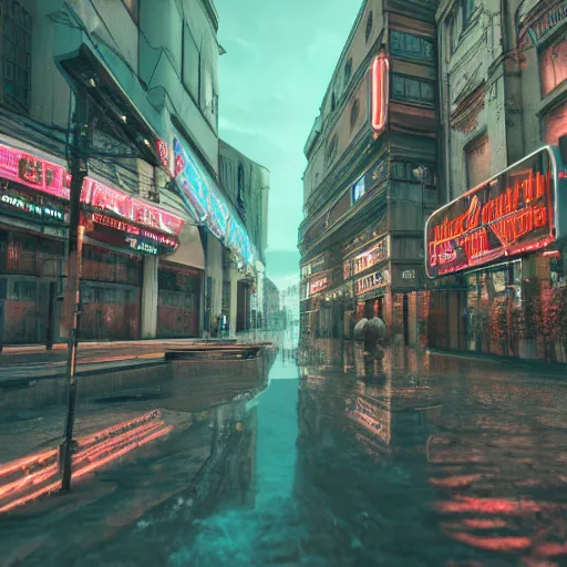 Image similar to a hyper realistic photo of a cyberpunk budapest, extremely detailed, neon lights, reflections, ray tracing, 4 k, octane render,