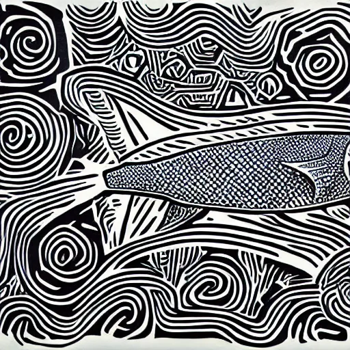 Prompt: fish linocut 1 9 9 0 s cartoon