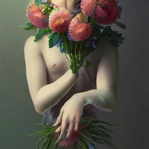 Prompt: portrait of god, holding a bouquet of flowers ， exude an eternity ， hyperrealistic, by beeple, greg rutkowski, caspar david friedrich, smooth, illustration, elegant, artstation, digital painting.