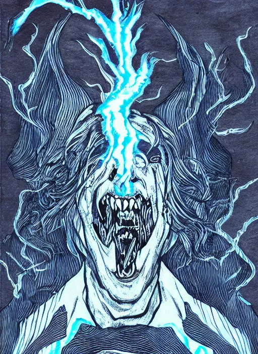 Image similar to pen and ink illustration of a demon monster, blue lightning strikes, agony