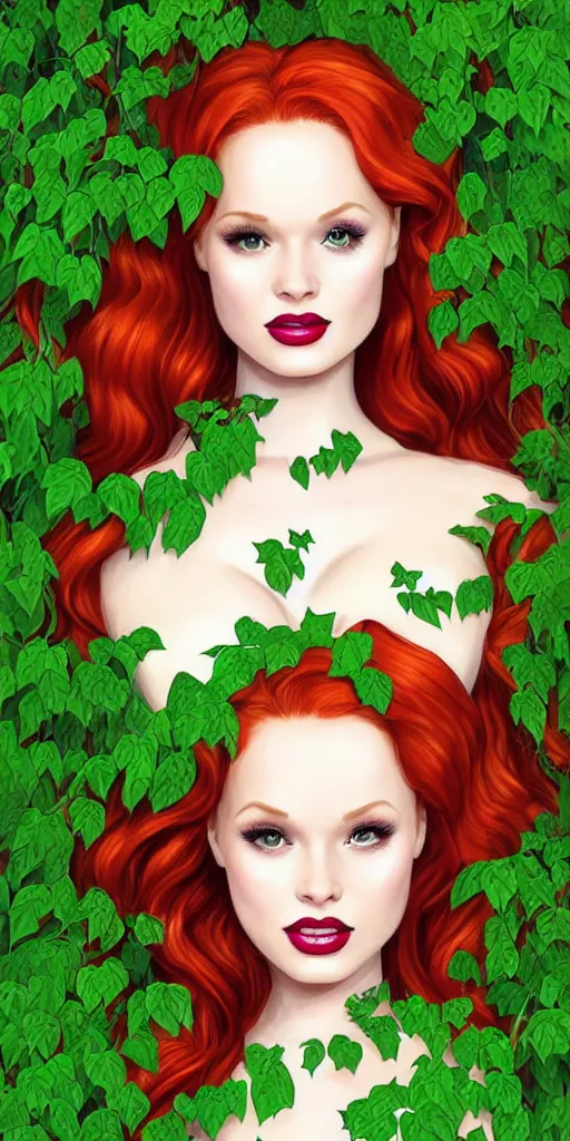 Prompt: beautiful Madelaine Petsch poison ivy DC comics, evil smile, full body green dress, realistic character concept, fun pose, comic book, illustration, slender symmetrical face and body, surrounded by vines flowers and plants, artstation, cinematic lighting, hyperdetailed, high resolution, Charlie Bowater, Tom Bagshaw, single face, insanely detailed and intricate, beautiful