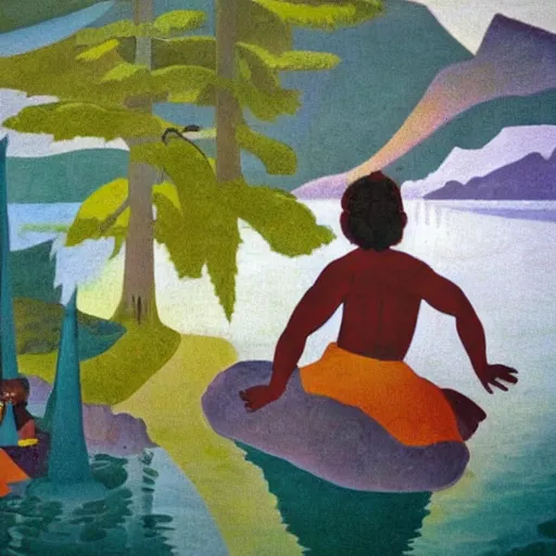 Prompt: a scenic view of a kid on a florest t with a ghost that shines near to a lake, pale light, a realistic colorful painting by Aaron Douglas