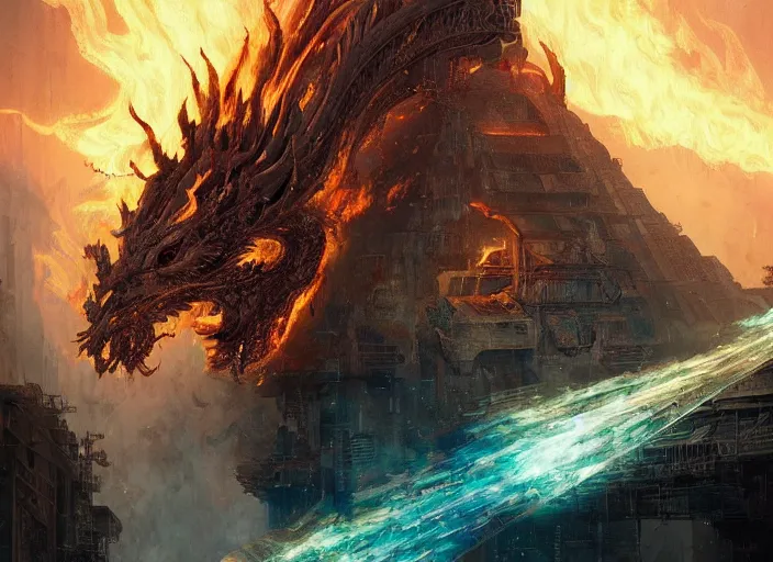 Image similar to luxurious white chinese dragon deatroying the cyberpunk egyptian pyramid with intense destructive fire 🔥, by greg rutkowski, james jean, peter mohrbacher, rule of thirds, sigma look, beautiful, intricate, majestic, award winning