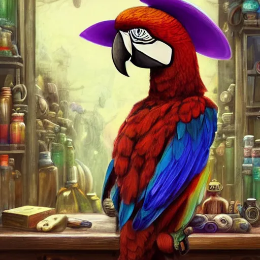 Prompt: Anthropomorphized parrot trader in his shop, shelves full, selling a gem, portrait, items, magic potions, carpet, window, fancy funny hat, sly expression , cunning expression, cute expression, presenting magic gem, D&D, fantasy, cinematic lighting, highly detailed, digital painting, artstation, concept art, smooth, sharp focus, illustration, warm light, cozy warm tint, magic the gathering artwork, volumetric lighting, 8k, no gold, no gold colours, strong lines, art by Akihiko Yoshida, Greg Rutkowski