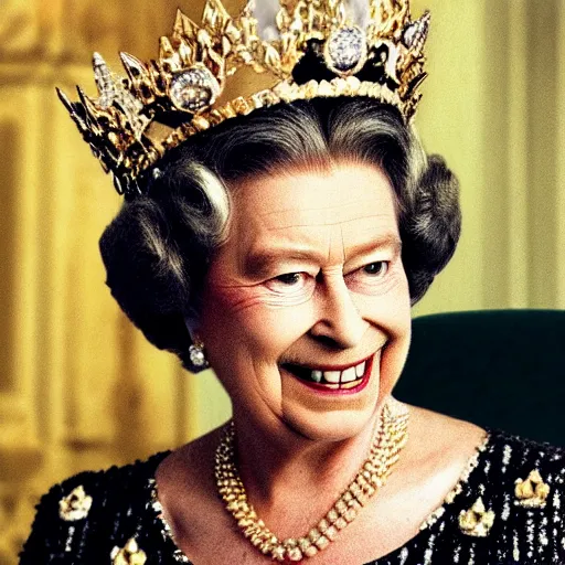 Image similar to the queen of england with a crown is a pineapple with jewels