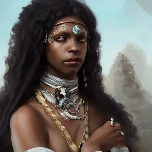 Image similar to character design, portrait of a attractive dark skinned woman with long black curly hair and white eyes, medieval, jewels, painting by wlop, nixeu and greg rutkowski, beautiful, cgsociety, semirealism, artstation, octane render, sharpness, 8 k, golden ratio