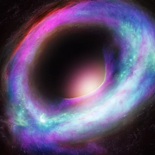 Prompt: a black hole at the end of the galaxy, surrounded by dying light, ethereal, prismatic