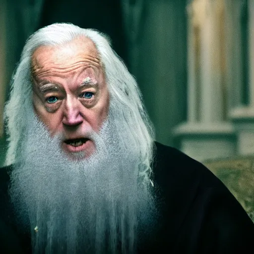 Prompt: Film still of Joe Biden as Dumbledore in Harry Potter, 4k, hd