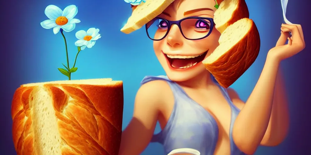 Prompt: epic professional digital art of a cute bread toast smiling wearing 👓 and a blue flower!!!!, best on artstation, cgsociety, much detail, much wow, masterpiece