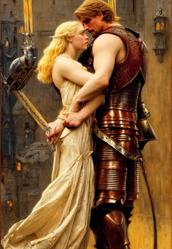 Image similar to attractive handsome fully clothed jaime lannister confesses his love for attractive fully armored brienne of tarth. wow! romance!! highly detailed painting by gaston bussiere and j. c. leyendecker 8 k