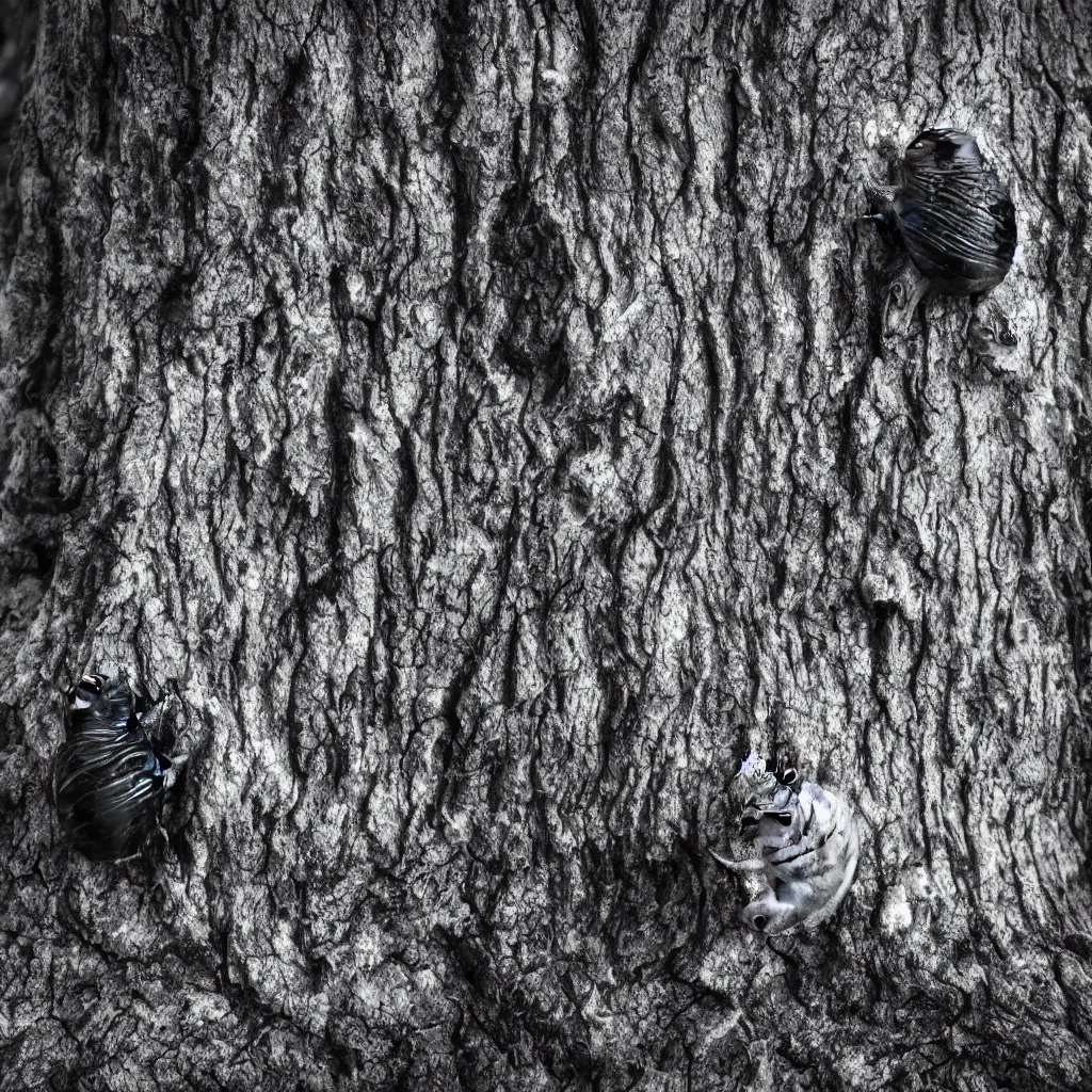 Image similar to a tardigrade in front of a dead tree placed upon a cliff, behind a fence, hazy memory, volumetric, dark black and white in the style of alvin schwartz, epic angles