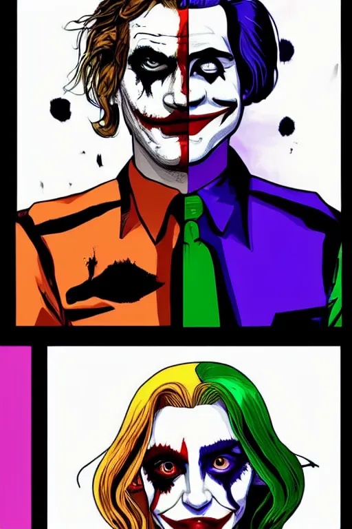 Image similar to joaquin phoenix as joker and lady gaga as harley quinn, remove duplicate content!!!!, violet polsangi pop art, gta chinatown wars art style, bioshock infinite art style, incrinate, realistic anatomy, hyperrealistic, two colors, white frame, content balance proportion