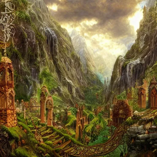 Image similar to a beautiful and highly detailed oil painting of an elven kingdom deep in the lush mountains, tangled wooden structures, stone brick structures, ancient runes, intricate details, epic scale, insanely complex, 8 k, sharp focus, hyper realism, fantasy landscape, psychedelic, by caspar friedrich and brian froud,