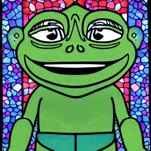 Prompt: pepe the frog church tinted windows mosaic Christian ultra decor flamboyant luxurious