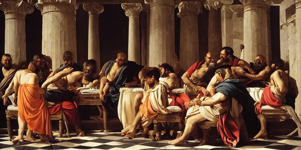 Prompt: beautiful oil matte portrait painting, men discussing politics inside a greek forum, wonderful masterpiece highly detailed, beautiful cinematic light deep focus, elegant, digital painting, smooth, sharp focus, golden ratio, dramatic illumination, ultra realistic, 8 k, art by artemisia lomi gentileschi and caravaggio