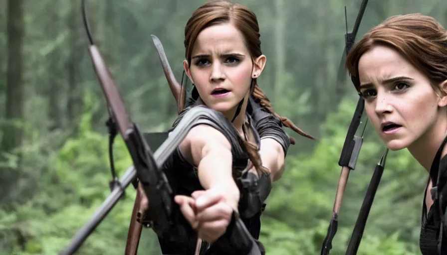 Image similar to film still of emma watson as katniss, the hunger games, action shot