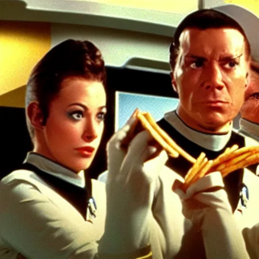 Image similar to anthropomorphic French Fries fighting star trek engineers, still from star trek