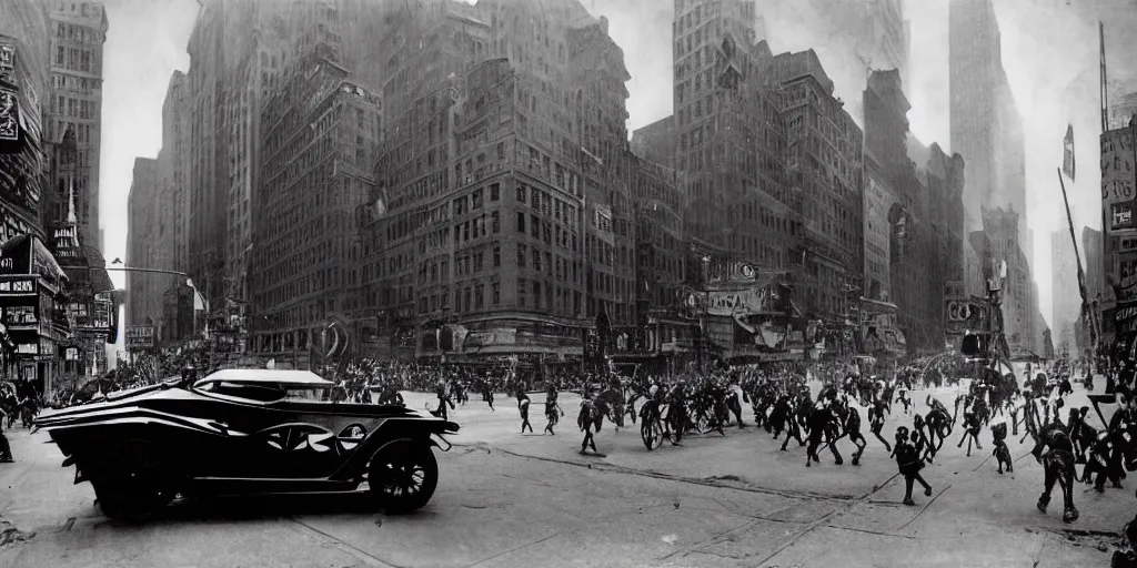 Image similar to old black and white photo, 1 9 1 3, depicting batmobile from dark knight rampaging through the bustling streets of new york city, rule of thirds, historical record