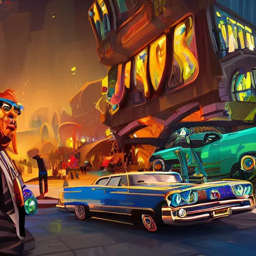 Image similar to swagger! lowrider culture, living large in the city by tyler edlin, editorial, bold colors, detailed, bold colors, incredible lighting, great composition, artstation