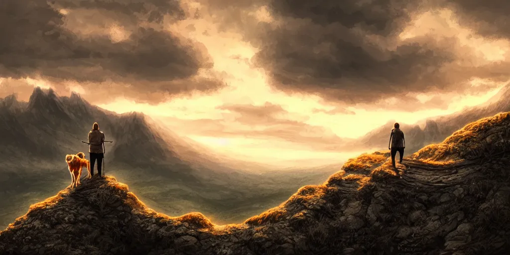 Image similar to an intricate concept illustration of a man with his dog in a mountain in a cloudy sunset, cinematic, hyper realistic, intricate details, anime style, concept art, cinematic lighting