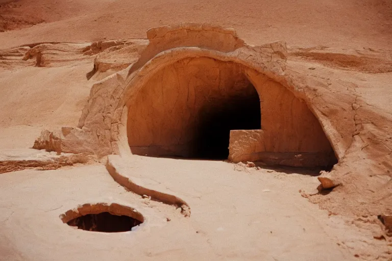 Prompt: film still of monumental non euclidian classical temple with deep spiral tunnel in the desert, by Étienne-Louis Boullée cinestill 800t 35mm full-HD
