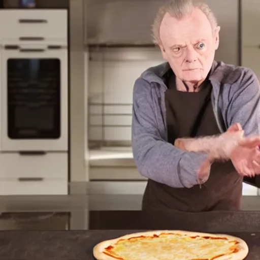 Prompt: A still of Ian McDiarmid as Palpatine making a pizza, 4k, photograph, ultra realistic, highly detailed, professional lighting