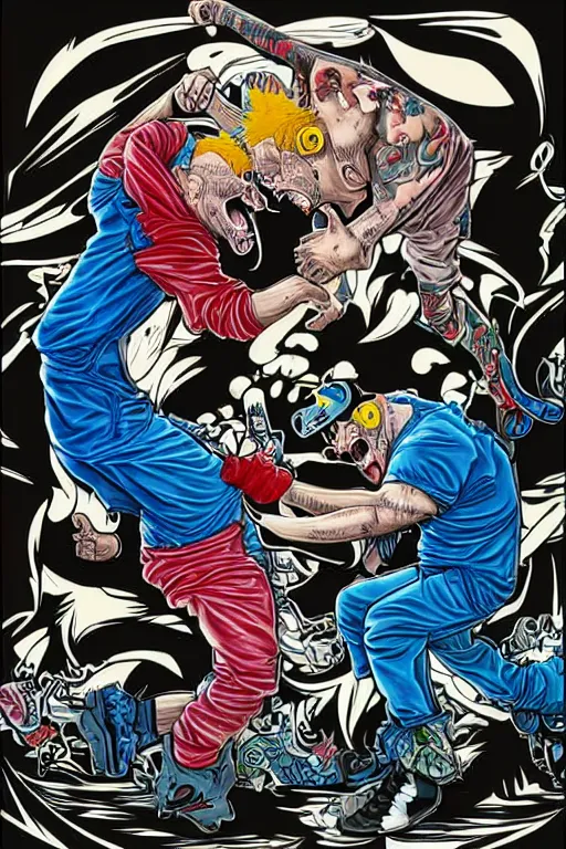 Image similar to eminem and insane clown posse fight, realistic, art by tafy laplanche, colored by james jean