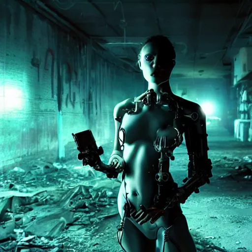 Prompt: breathtaking photo of a biomorphic female cyborg in a desolate abandoned post-apocalyptic industrial city at night, moody blue lighting