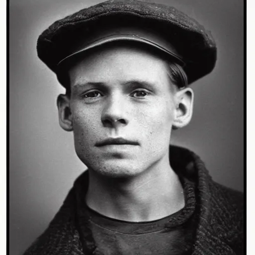 Image similar to A photograph portrait of Jerma985 wearing a newsboy cap in the early 1900s, taken in the early 1900s, grainy, taken on a early 1900s Kodak Camera, realistic, hyperrealistic, very realistic, highly detailed, very detailed, extremely detailed, detailed, digital art, trending on artstation