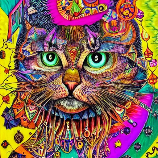Prompt: portrait of a wizard by louis wain, psychadelic art, bright colours, geometric, intricate, highly detailed, fantasy art, trending on artstation