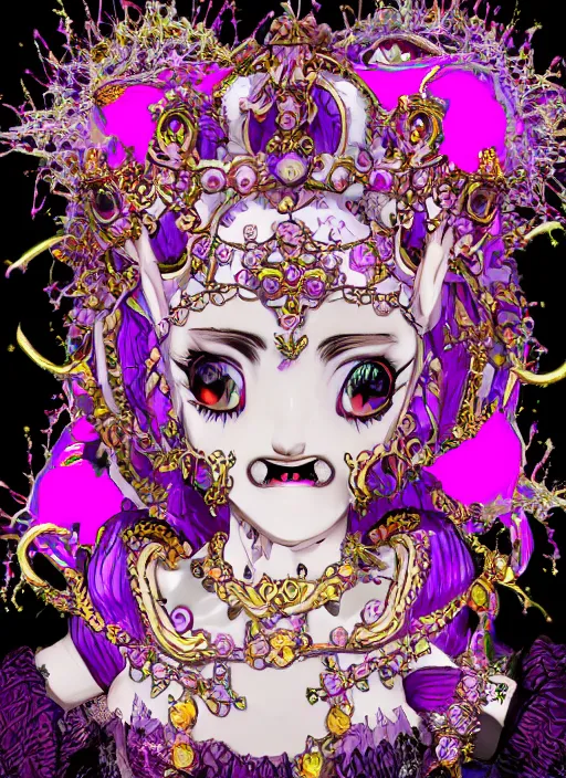 Prompt: baroque bedazzled gothic royalty frames surrounding a pixelsort emo demonic horrorcore japanese jester decora doll of giorno giovanna, low quality sharpened graphics, remastered chromatic aberration
