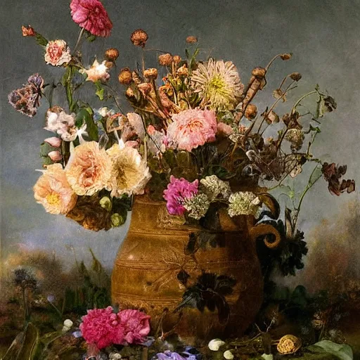 Image similar to ordered garfield by eugene von guerard, by william oxer. this digital art is a large canvas, covered in a wash of color. in the center is a cluster of flowers, their petals curling & twisting in on themselves. the effect is ethereal & dreamlike, & the overall effect is one of serenity & peace.