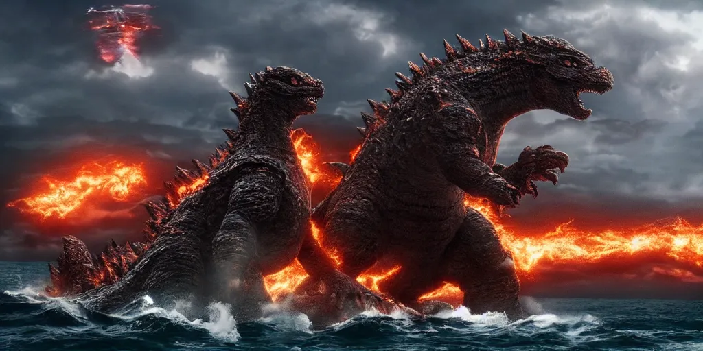 Image similar to epic battle scene Godzilla versus the Kraken, the last stand, Epic Background, in the ocean, highly detailed, sharp focus, 8k, 35mm, cinematic lighting