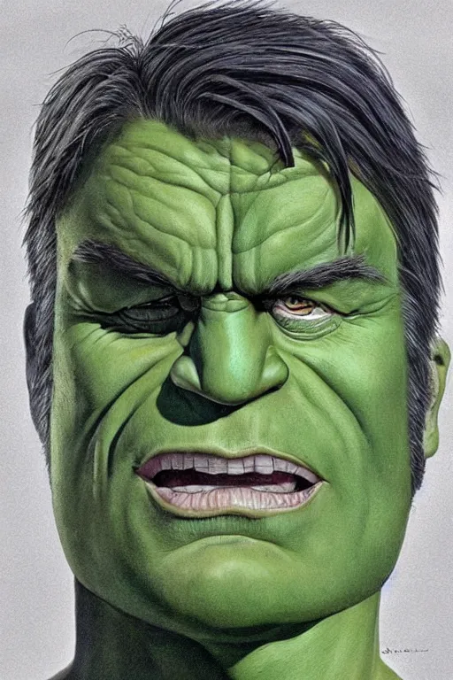 Prompt: ultra realistic incredible hulk face portrait in the style of grant wood