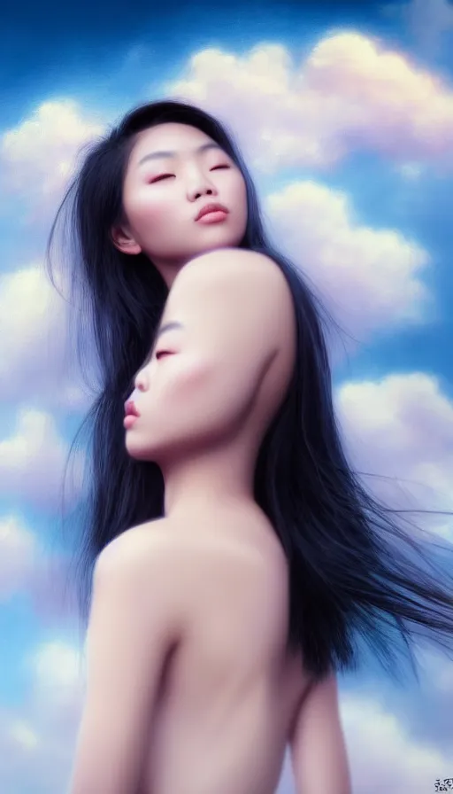 Image similar to photo of a gorgeous young asian girl , searching for eternity, head in the clouds in the style of stefan kostic, realistic, sharp focus, 8k high definition, high fashion, vogue, insanely detailed, intricate, elegant, art by stanley lau and artgerm, sigma 85mm art