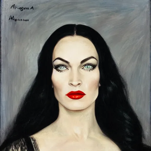 Image similar to upper body portrait megan fox as morticia addams by female adventurer by alfred stevens