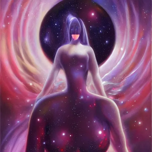 Prompt: A beautiful painting of feminine cosmic being with a nebula as its body by Jim Burns, Trending on artstation.