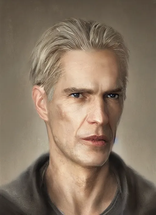 Prompt: a clean shaven man aged 4 0 with blonde hair and hazel eyes and a friendly expression. he is wearing a grey cloak. head and shoulders portrait painting by greg rutkowski.