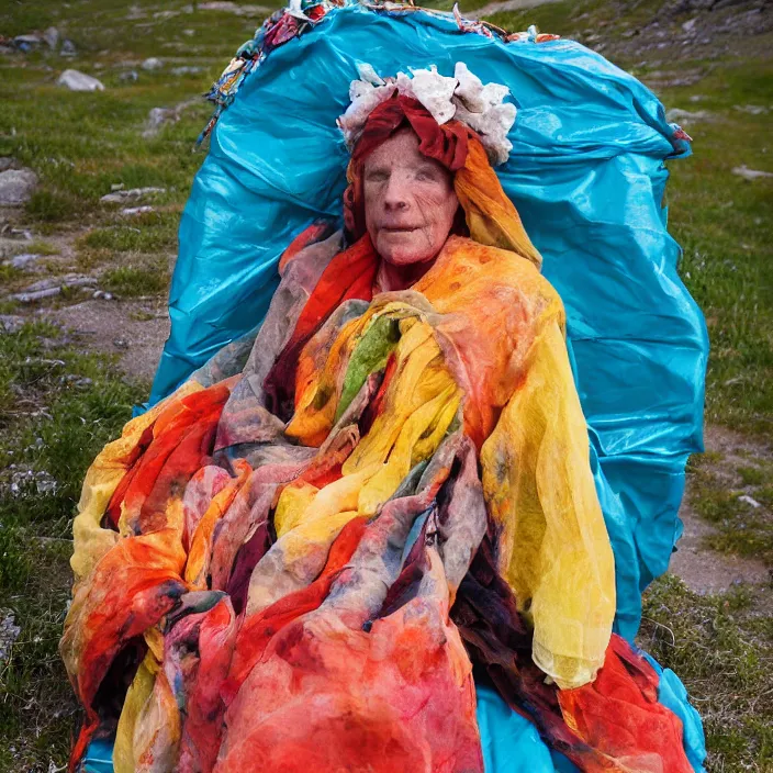 Image similar to a color photograph, closeup portrait of a woman wrapped in textiles, sitting in a plastic throne, in glacier national park in montana, color photograph, by vincent desiderio, canon eos c 3 0 0, ƒ 1. 8, 3 5 mm, 8 k, medium - format print