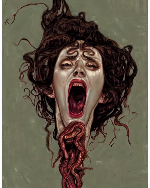 Image similar to portrait of screaming medusa by greg rutkowski in the style of egon schiele