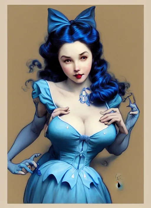 Image similar to concept art by artgerm, portrait of pinup giant disney alice in wonderland in blue dress, soft natural light, intricate, elegant, highly detailed, my rendition, digital painting, artstation, concept art, smooth, sharp focus, illustration, art by greg rutkowski and alphonse mucha and uang guangjian and gil elvgren, symmetry!!