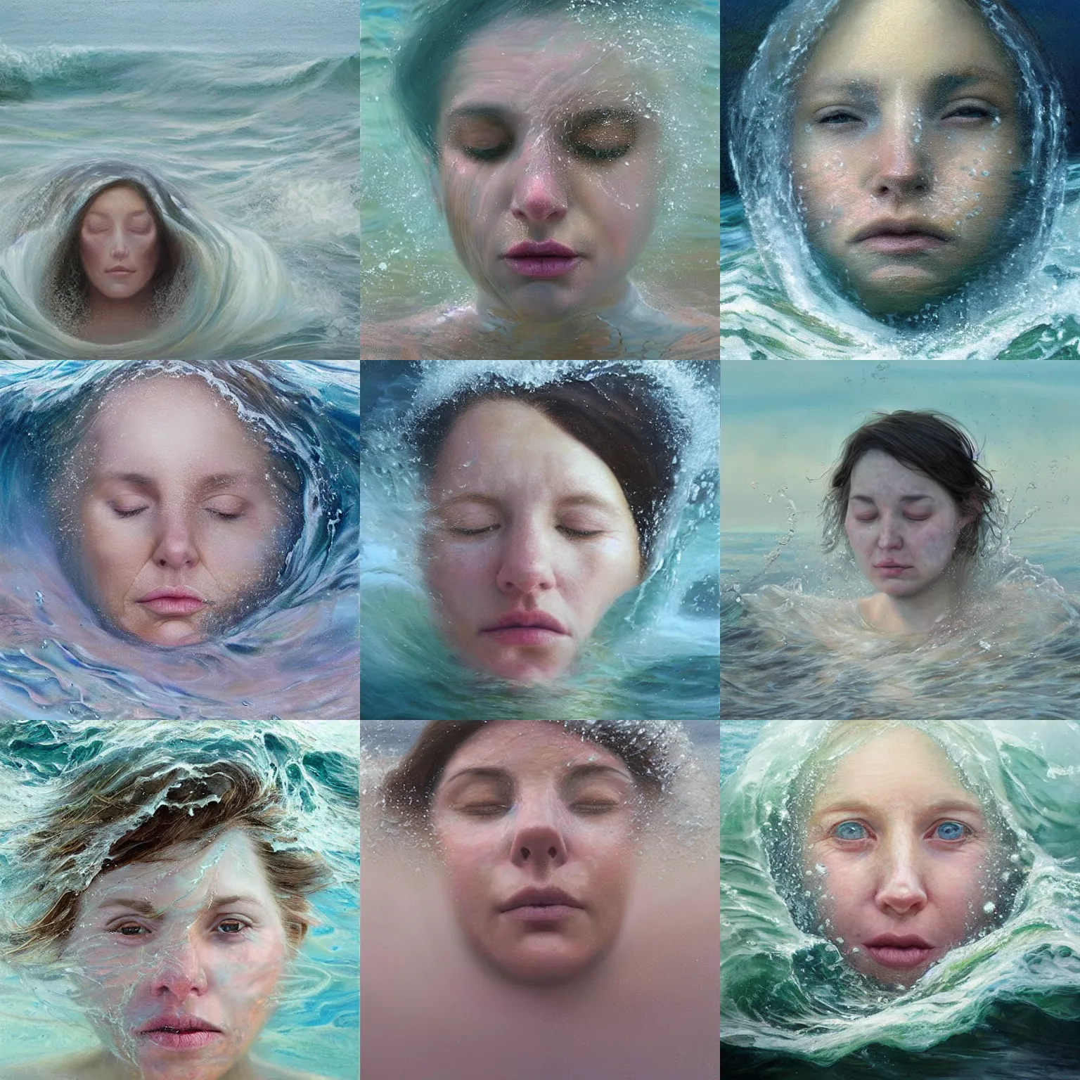 Prompt: woman's face emerging from the ocean, rough seas, splashing water waves, submerged, pastel color palette, painting by alyssa monks and scott listfield