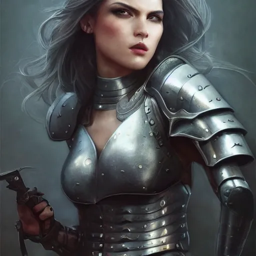 Image similar to full body portrait of a riveting and striking warrior woman!!!, armored, adorable, elegant and pretty face, slick hair, realistic shaded perfect face, outstanding details, realistic shaded lighting, dynamic background, artgerm, tom bagshaw, 8 k ultra - realistic, highly detailed, kan liu